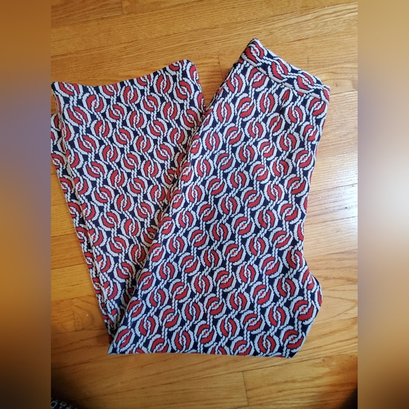 Pants - Vintage Red Blue & White Patterned Women's 70s Wide Leg Pants